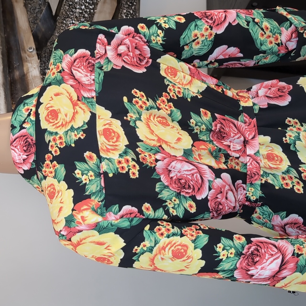 Seductions Sirens Floral Belted Shirt Dress Black Yellow Womens Size Medium - Picture 7 of 13